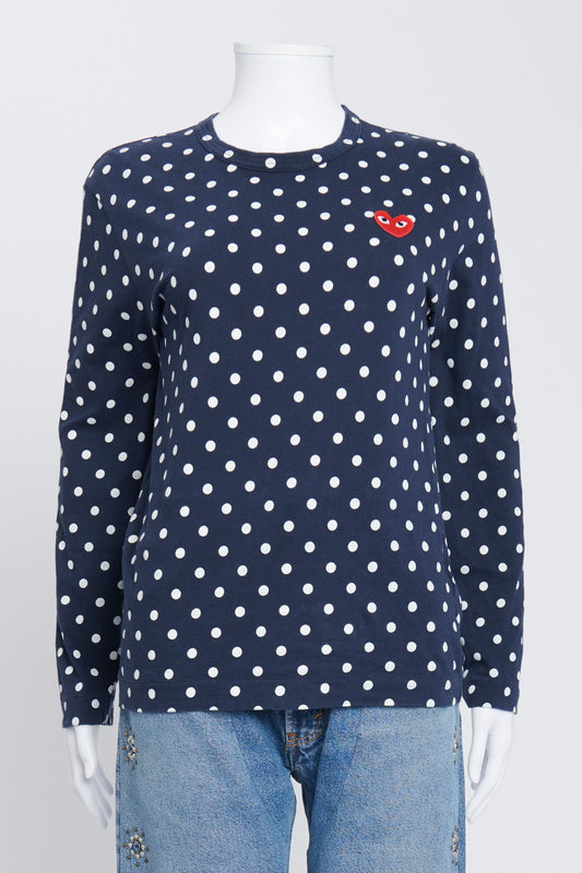 Navy and White Polka Dot Shirt with Iconic Red Heart Eye