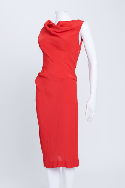 Red Asymmetric Draped Midi Dress