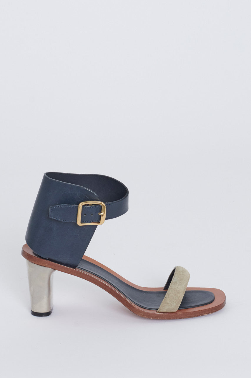 Navy Blue and Taupe Preowned Sandals with Block Heel