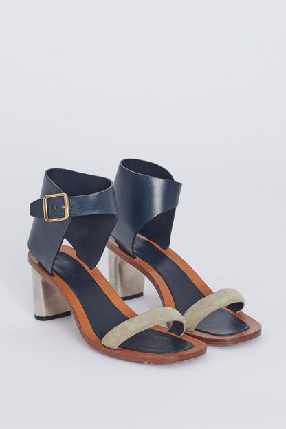 Navy Blue and Taupe Preowned Sandals with Block Heel