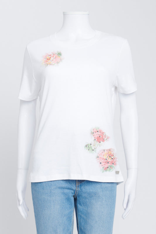 White Cotton T-shirt with Floral Appliques