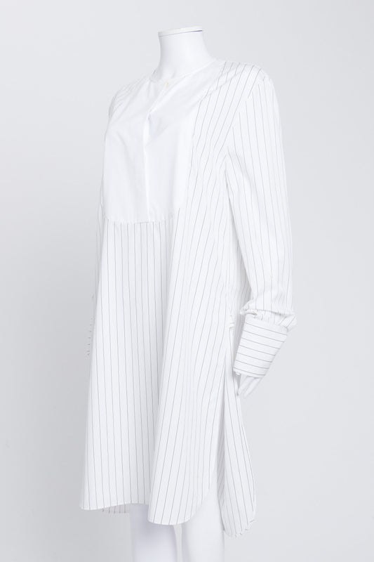 White Pinstripe Collarless Shirt Dress