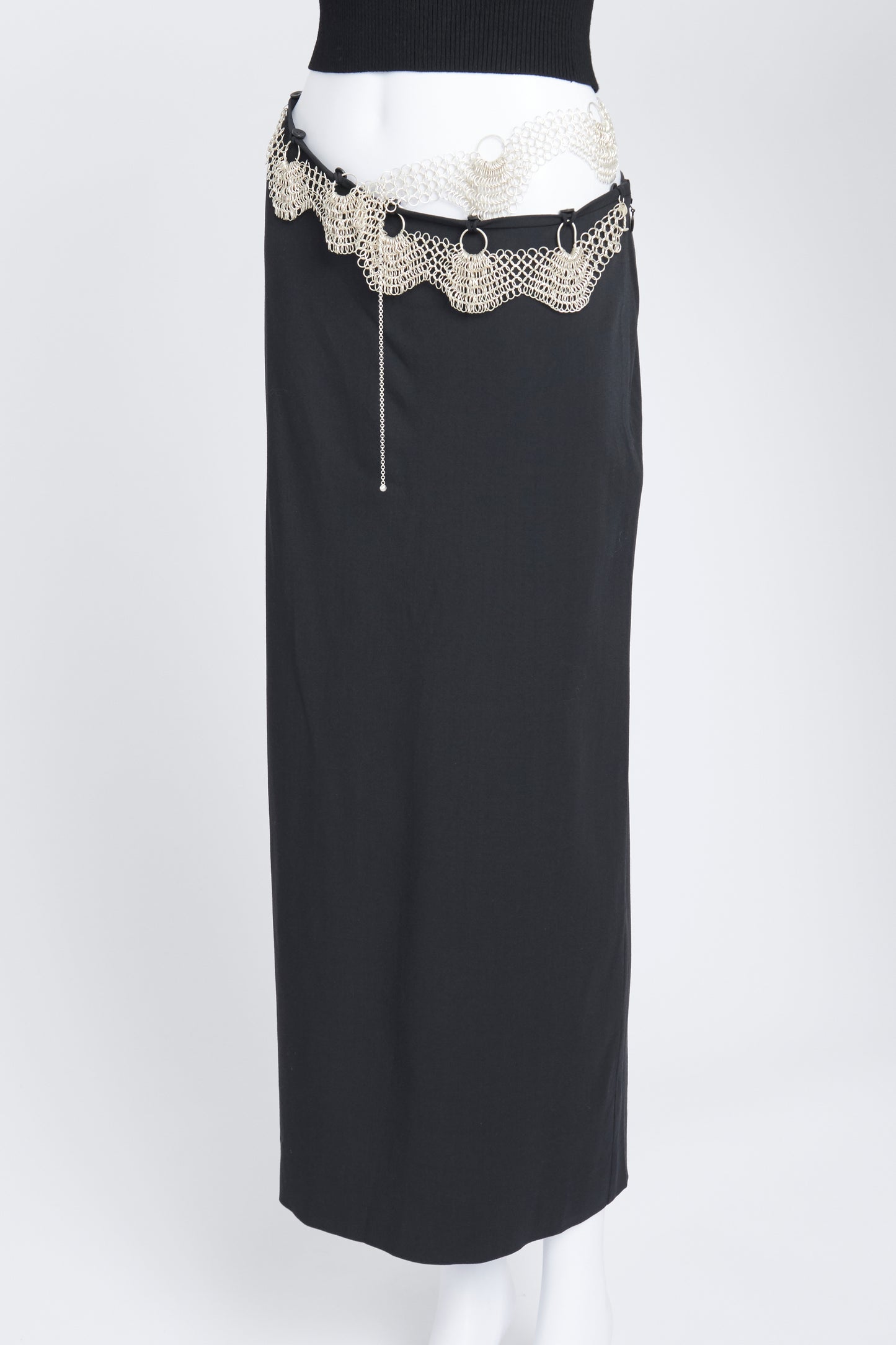 Black Chain-Embellished Woven Midi Skirt