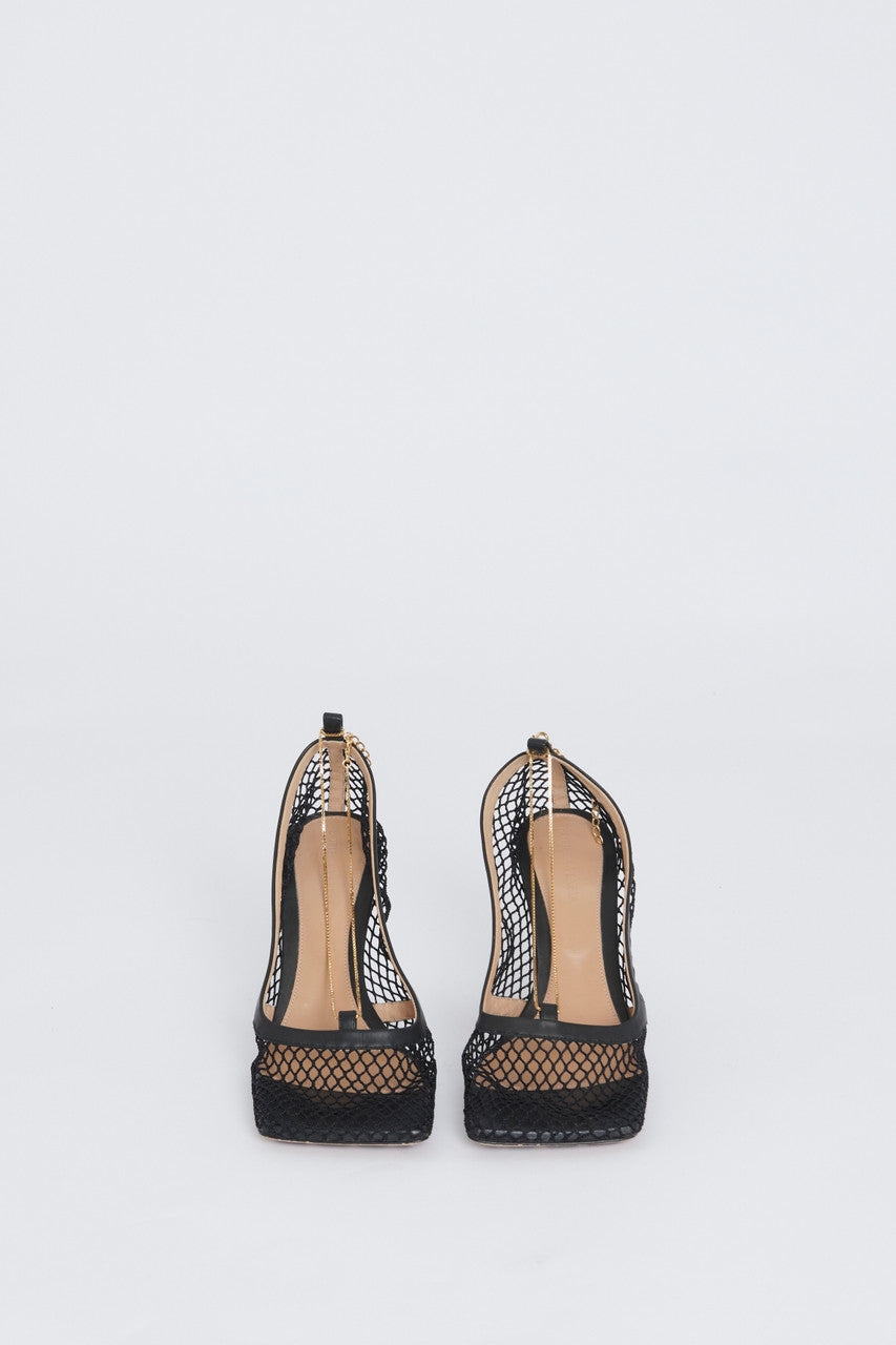 Black Net Stretch Preowned Pumps with Gold Chain