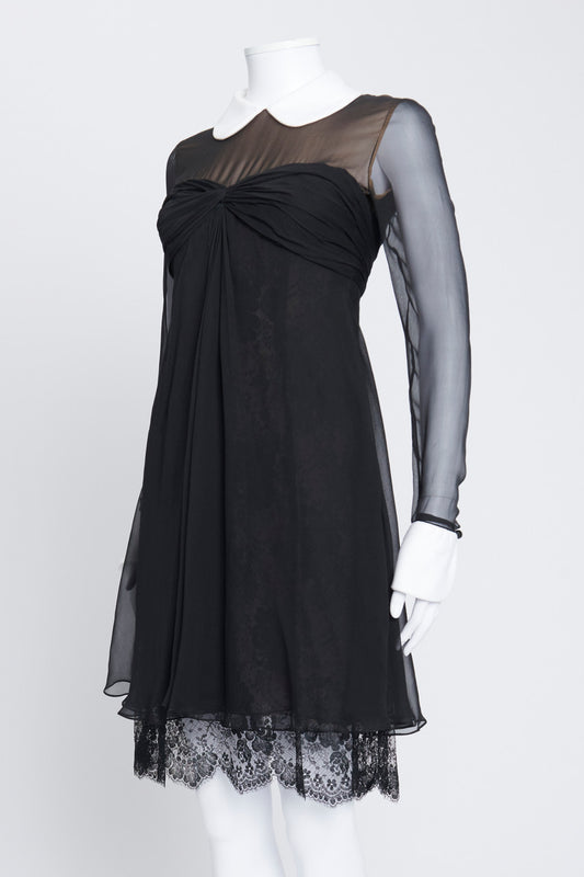 Black Silk-Chiffon Dress with White Peter Pan Collar and Cuffs