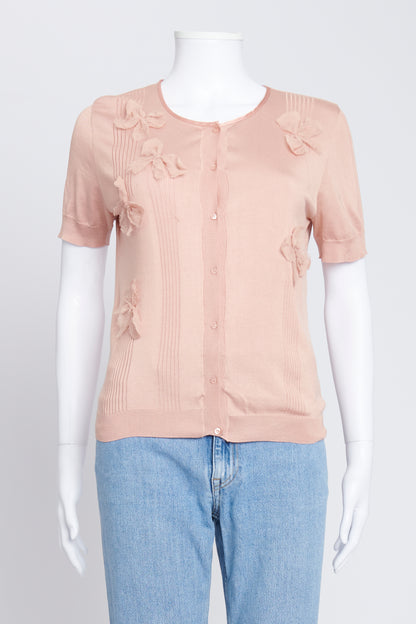 Blush Pink Short Sleeved Cardigan With Floral Applique