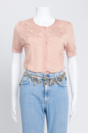 Blush Pink Short Sleeved Cardigan With Floral Applique