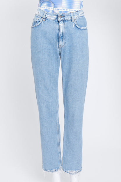 Mid-Blue Straight Jeans With Distressed Detailing