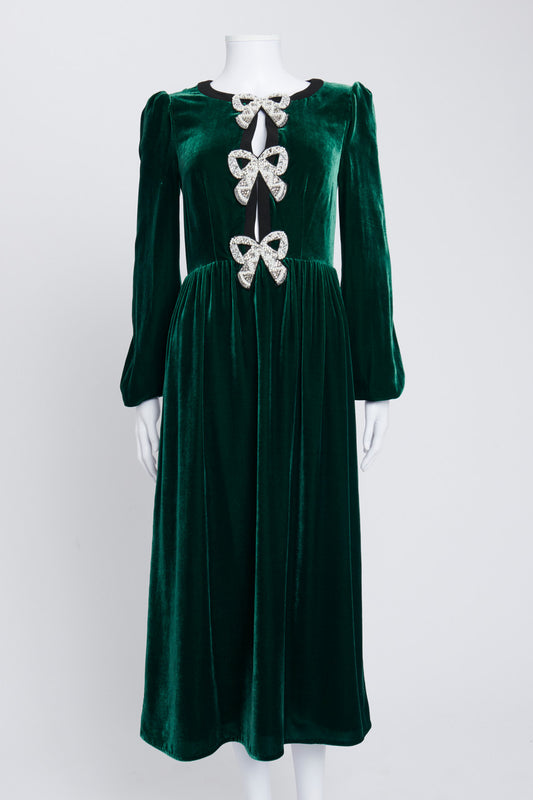 Green Camille Bow-Embellished Velvet Midi Dress