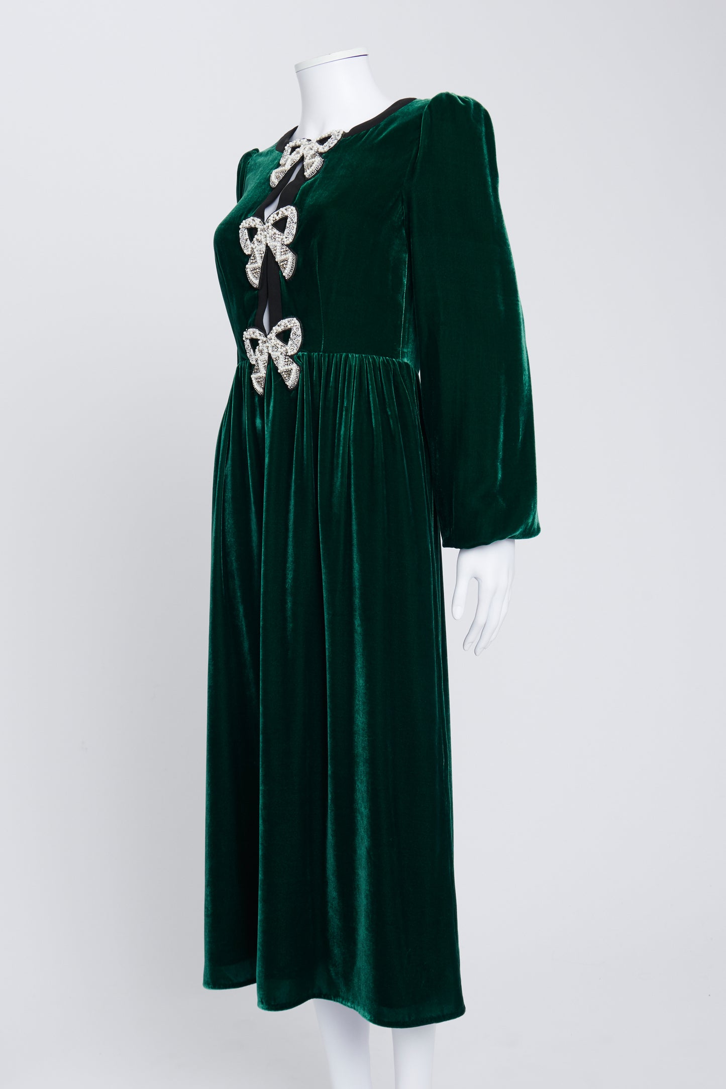 Green Camille Bow-Embellished Velvet Midi Dress