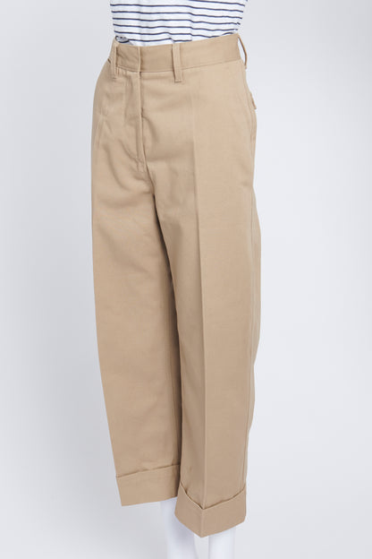 Camel Pleated Three-Quarter Length Trousers