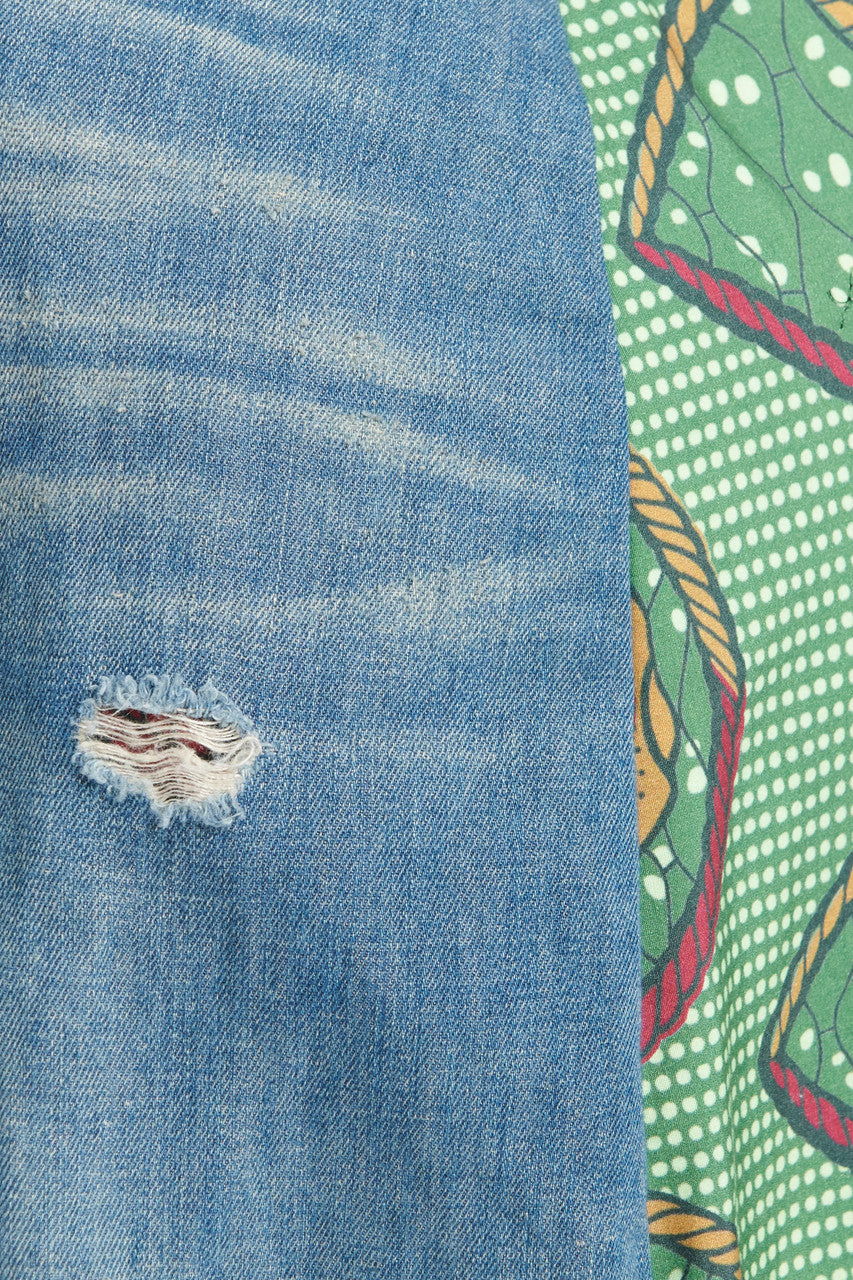 Wrap Layered Denim and Abstract Print Cotton Midi Skirt