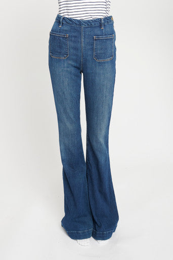 Mid-Blue Wash High Waisted Flare Denim Trousers