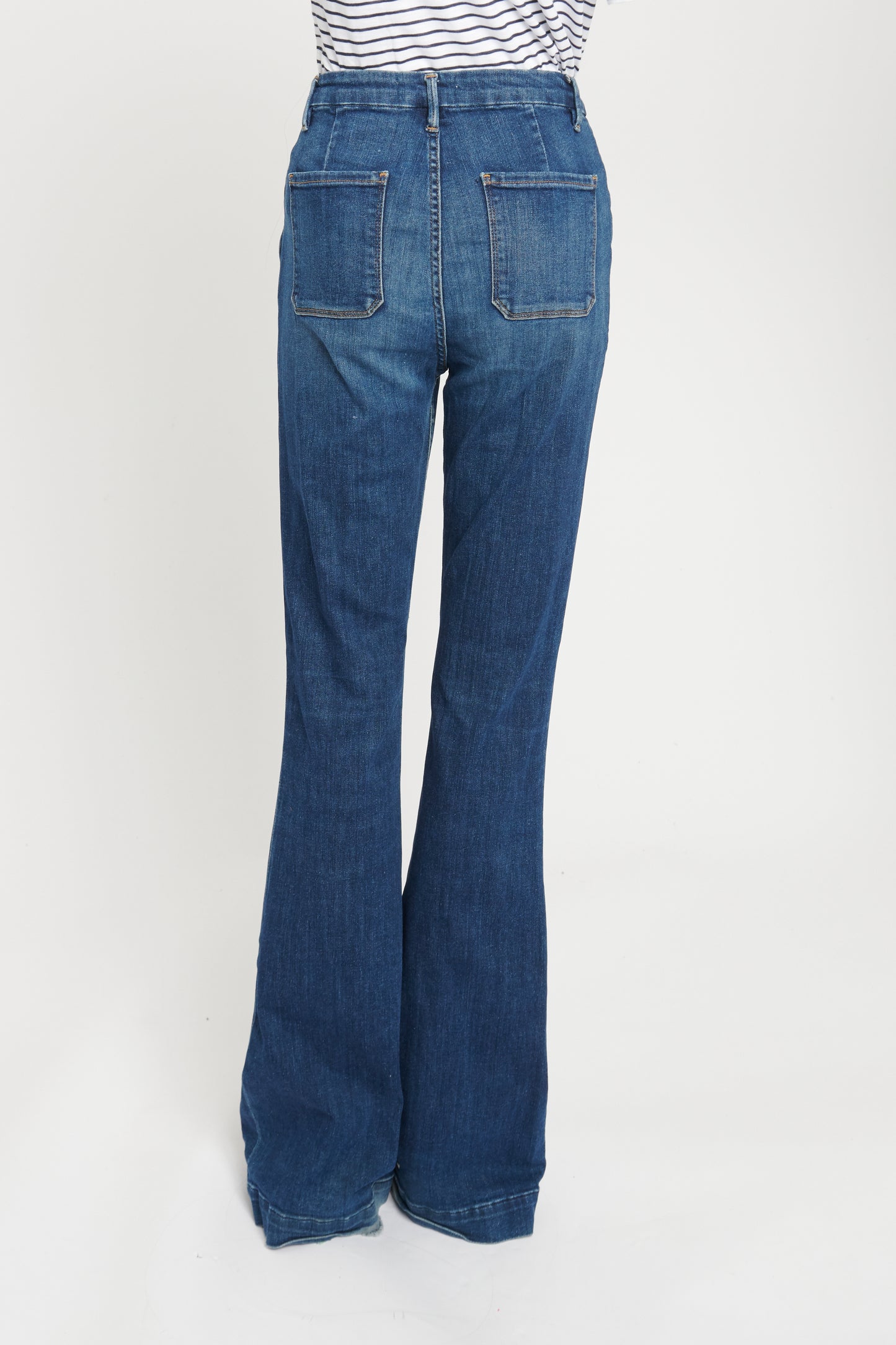 Mid-Blue Wash High Waisted Flare Denim Trousers