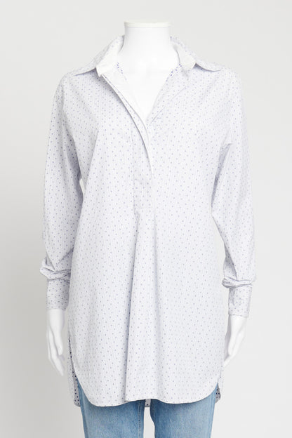 White and Blue Patterned Longline Cotton Shirt