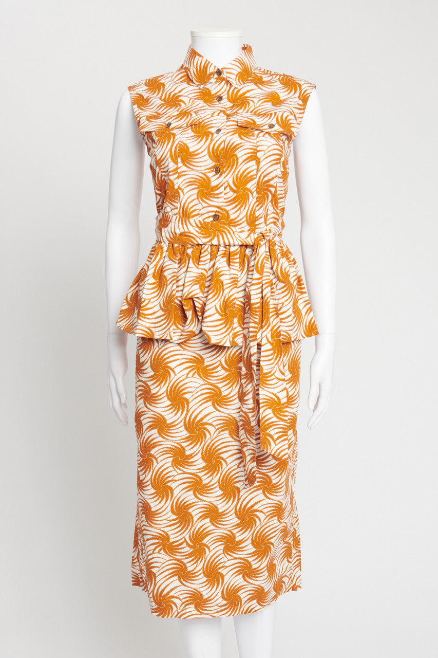 White and Burnt Orange Abstract Print Cotton Midi Dress