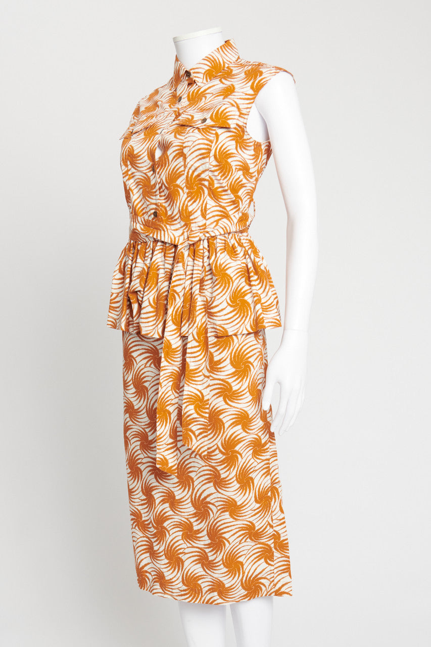 White and Burnt Orange Abstract Print Cotton Midi Dress