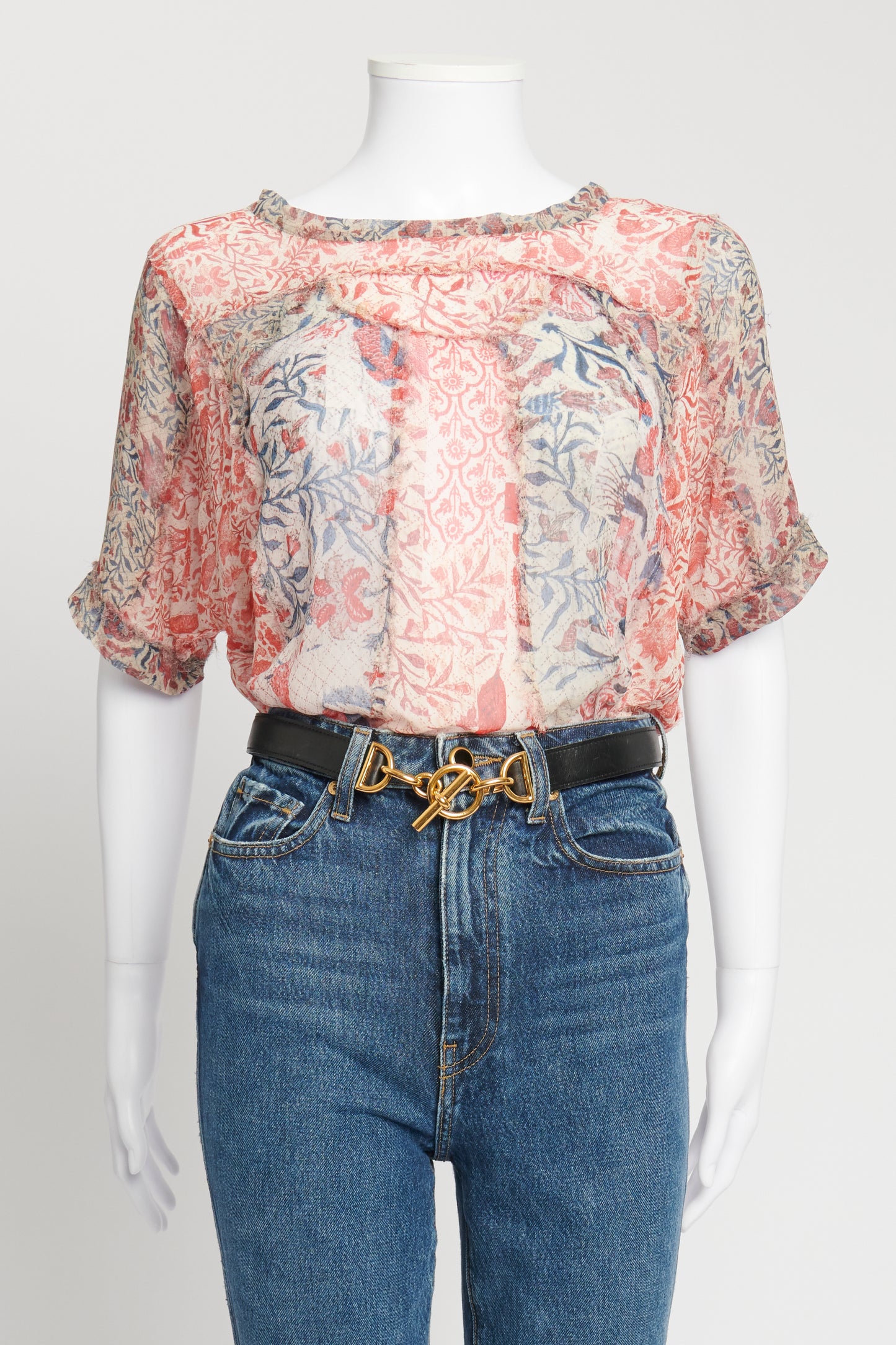Red White and Blue Floral and Abstract Print Silk Blouse
