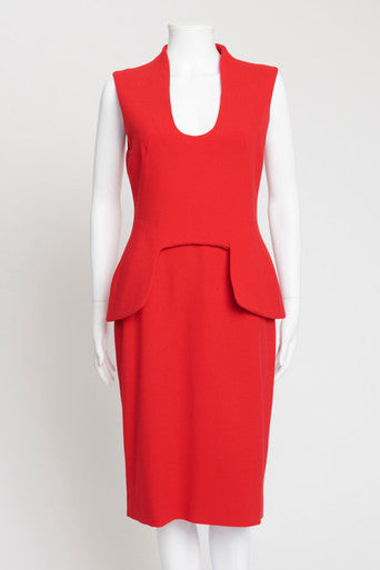 Red Wool Peplum Knee-Length Dress