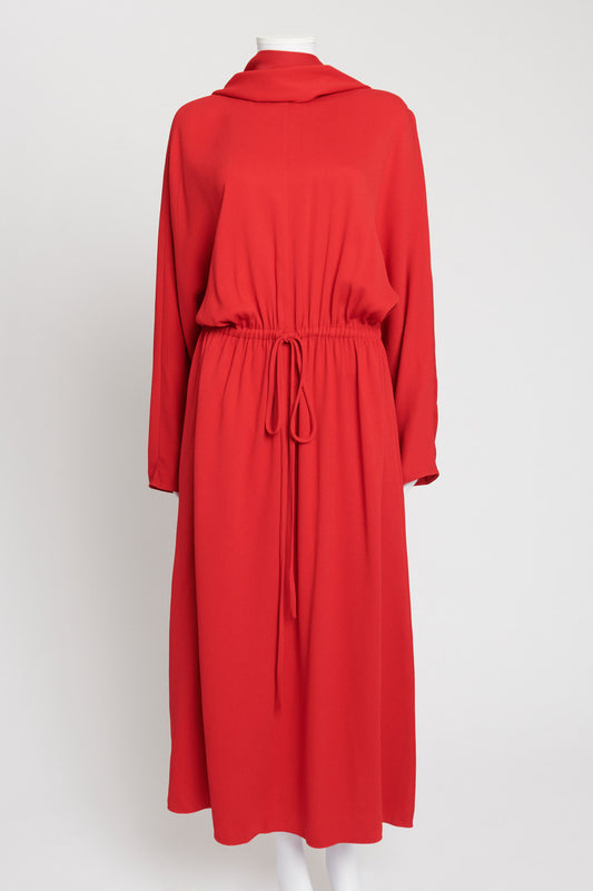 Red High Neck Maxi Dress with Integrated Scarf