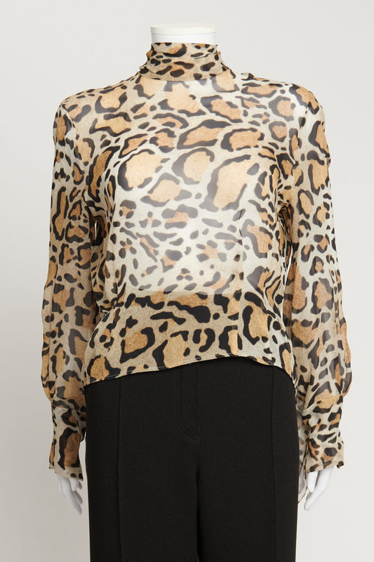 Silk Chiffon Leopard Print Tie Neck Top