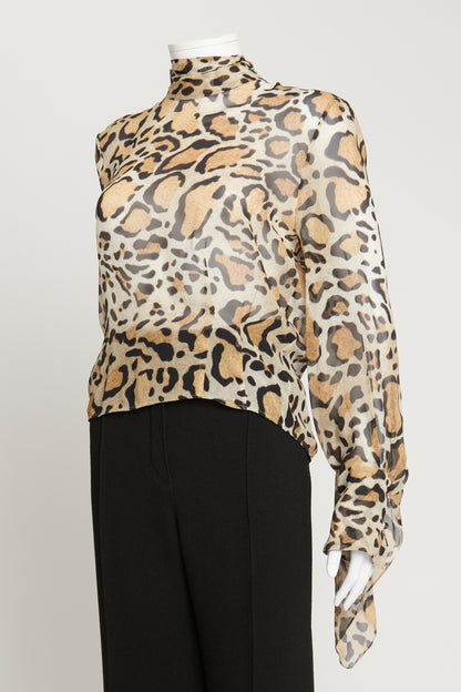 Silk Chiffon Leopard Print Tie Neck Top