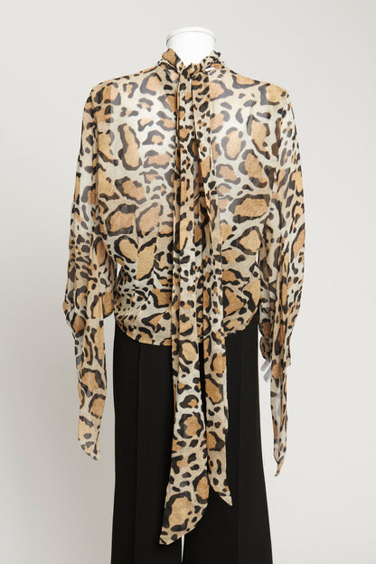 Silk Chiffon Leopard Print Tie Neck Top