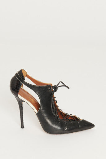 Black Python Print Leather Montana 85 Lace Up Preowned Pumps