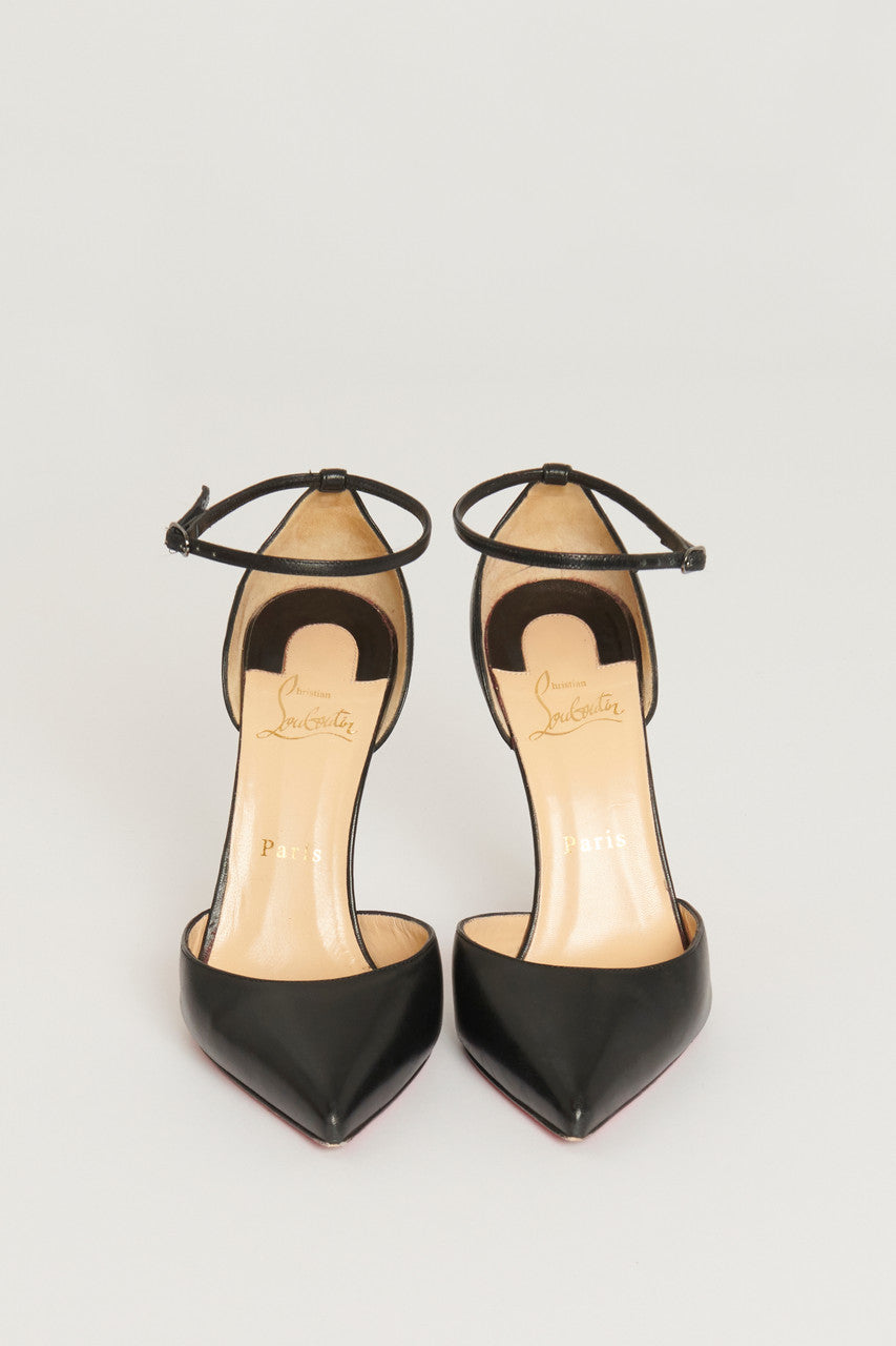 Black Leather Uptown 100 Pointed Ankle Strap Preowned Pumps