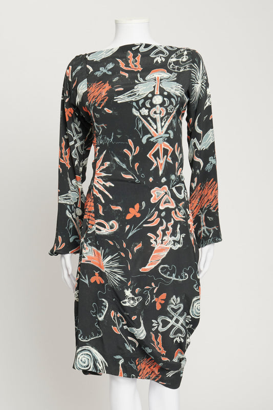 Abstract Print Crepe Asymmetric Drape Dress