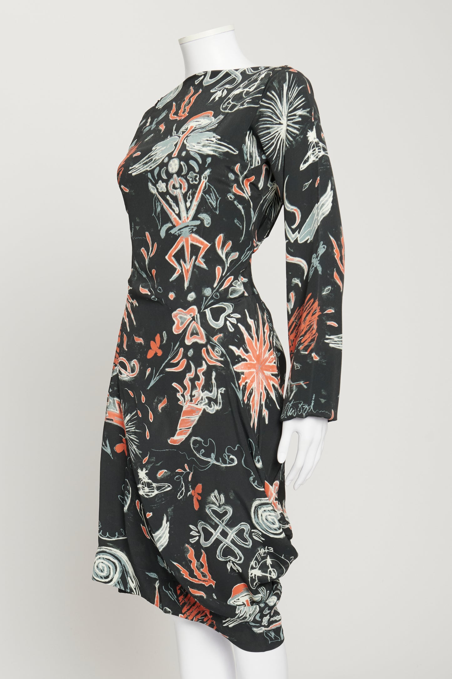 Abstract Print Crepe Asymmetric Drape Dress