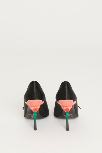 Fairy Collection Black Satin Flower Heel Preowned Pumps