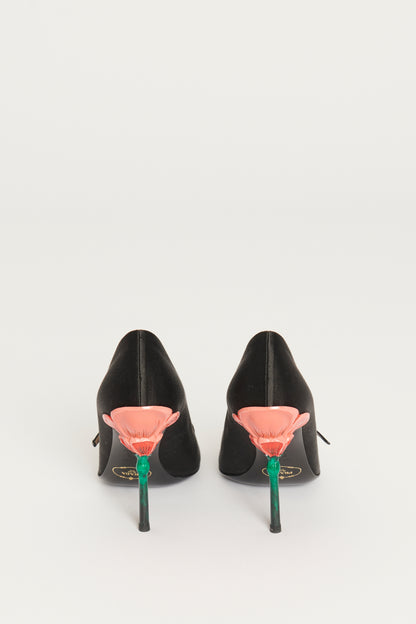 Fairy Collection Black Satin Flower Heel Preowned Pumps