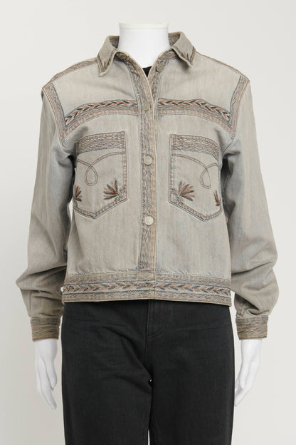 Grey/Blue Washed Out Denim Jacket with Embroidery Details