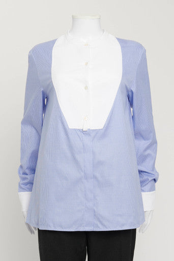 Blue Houndstooth Print Button Down Shirt With White Bib