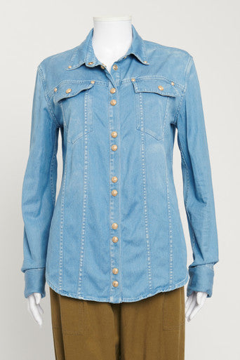 Blue Denim Shirt with Gold Vintage Lion Button Up