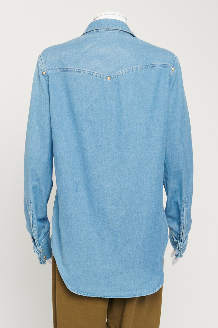 Blue Denim Shirt with Gold Vintage Lion Button Up