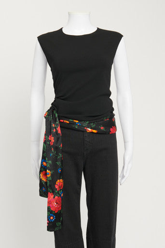 Black Silk Blouse with Floral Print Draped Belt