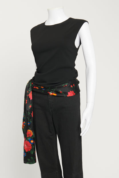 Black Silk Blouse with Floral Print Draped Belt