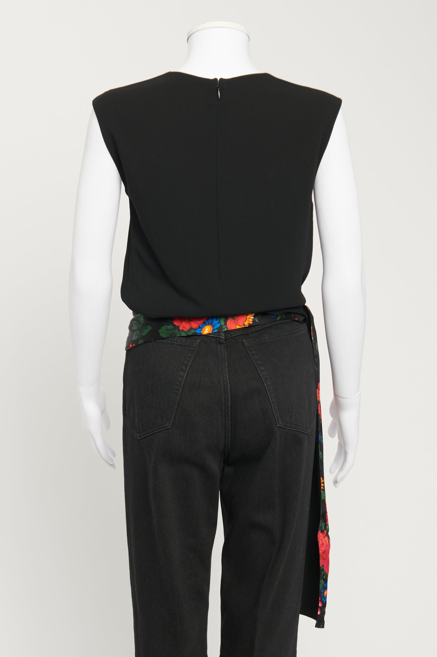 Black Silk Blouse with Floral Print Draped Belt