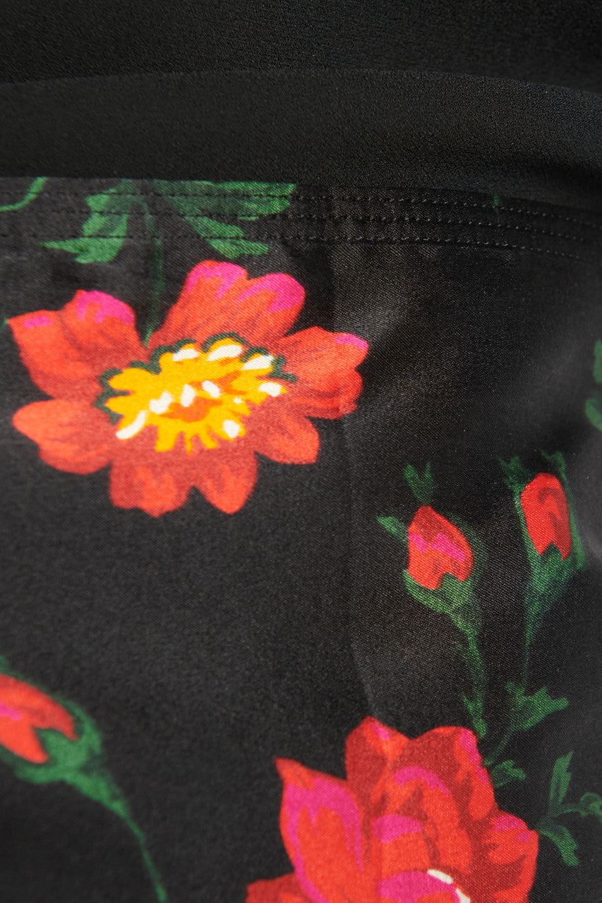 Black Silk Blouse with Floral Print Draped Belt