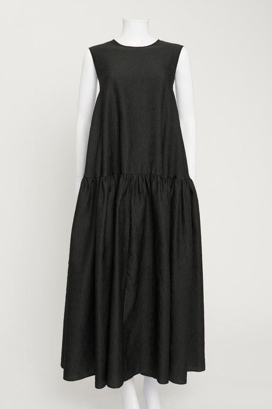 Black Silk Rose Jacquard Puffy Maxi Dress