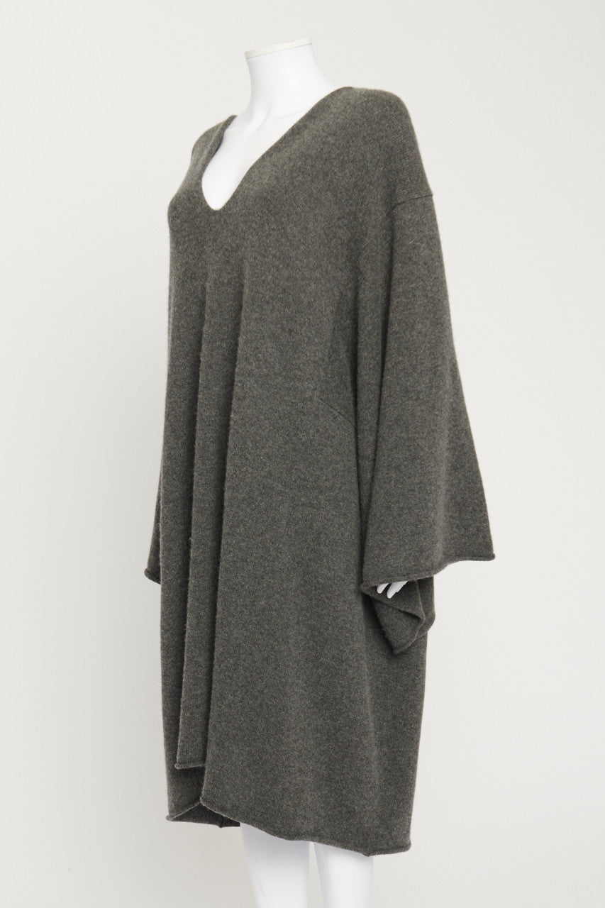 Grey V-Neck Jumper Dress With Batwing Sleeves
