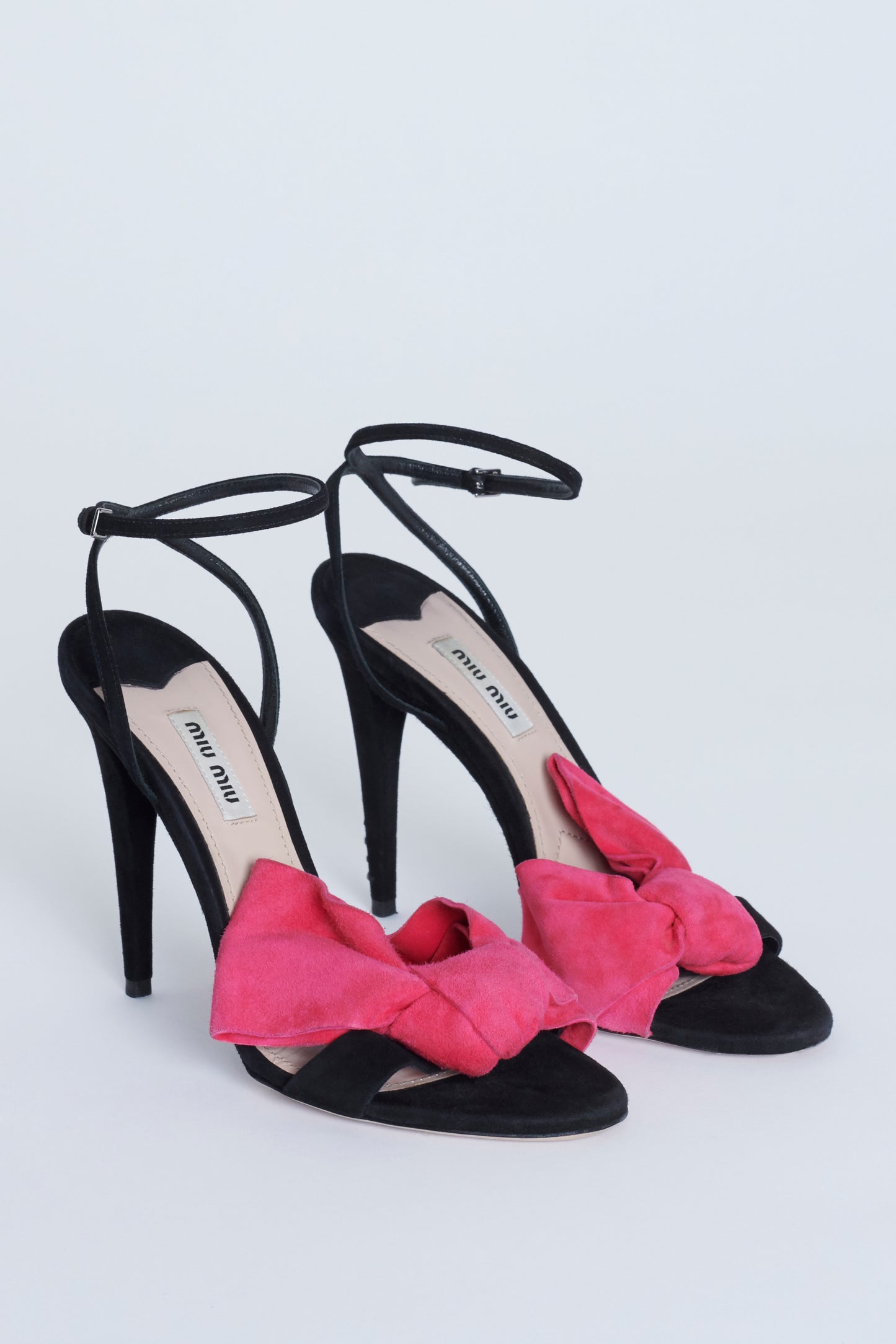 Black Nancy Sand Suede Preowned Heels with Pink Bow Detail