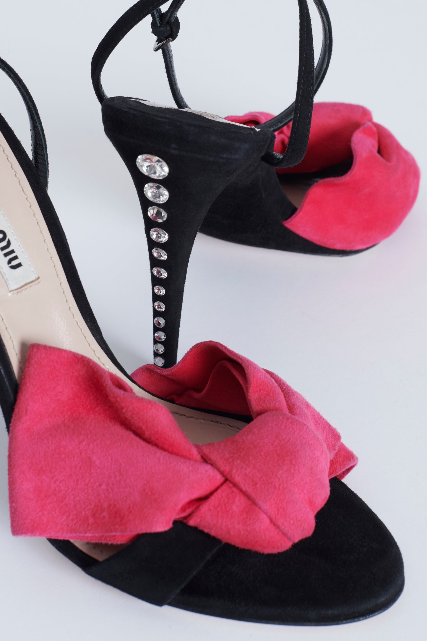 Black Nancy Sand Suede Preowned Heels with Pink Bow Detail