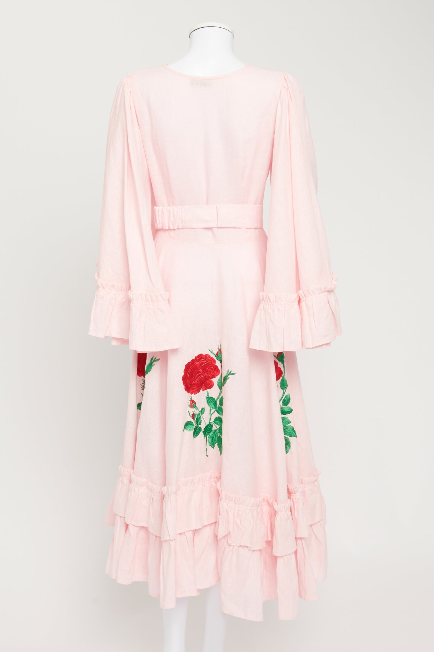 Pink 'Hera' Linen Midi Dress with Floral Embroidery