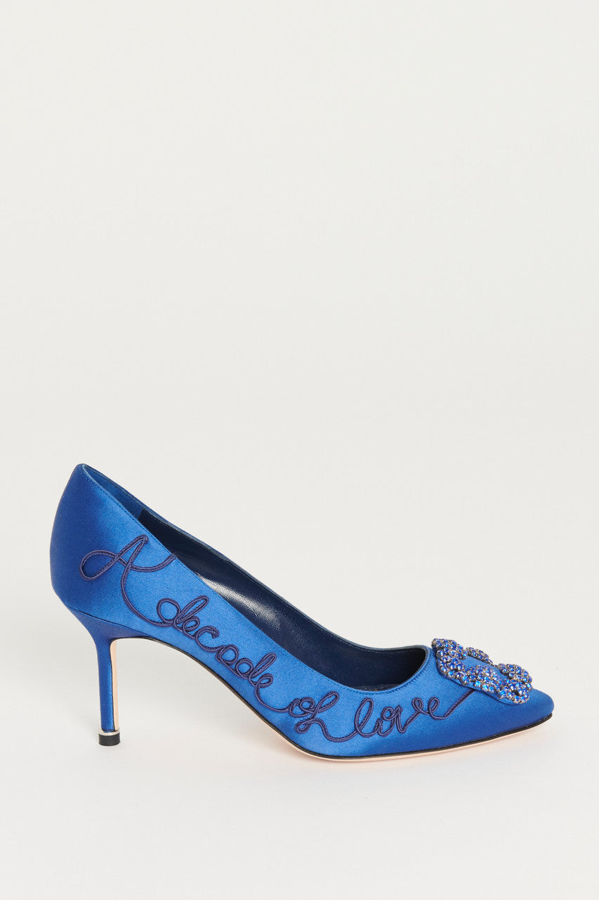 Blue Satin Jewel Buckle Preowned Pumps