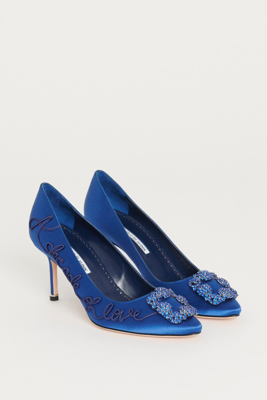 Blue Satin Jewel Buckle Preowned Pumps