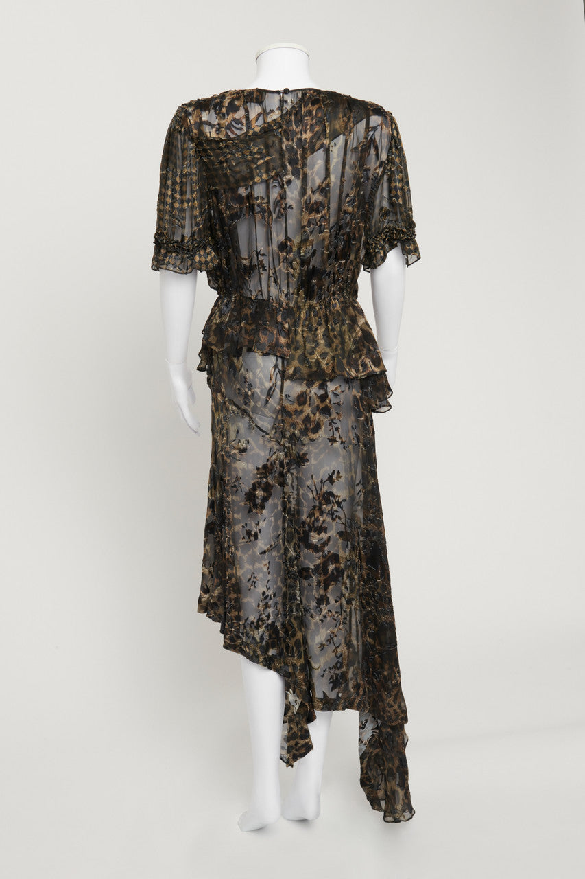 Leopard-Print 'Esther' Asymmetric Ruffled Devoré-chiffon Dress