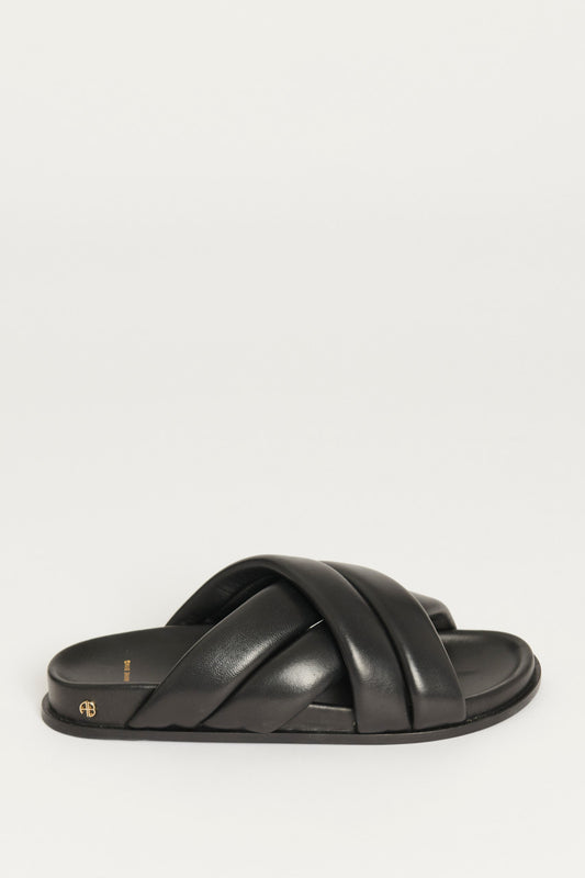 Black 'Lizzie' Cross-Over Leather Preowned Slides